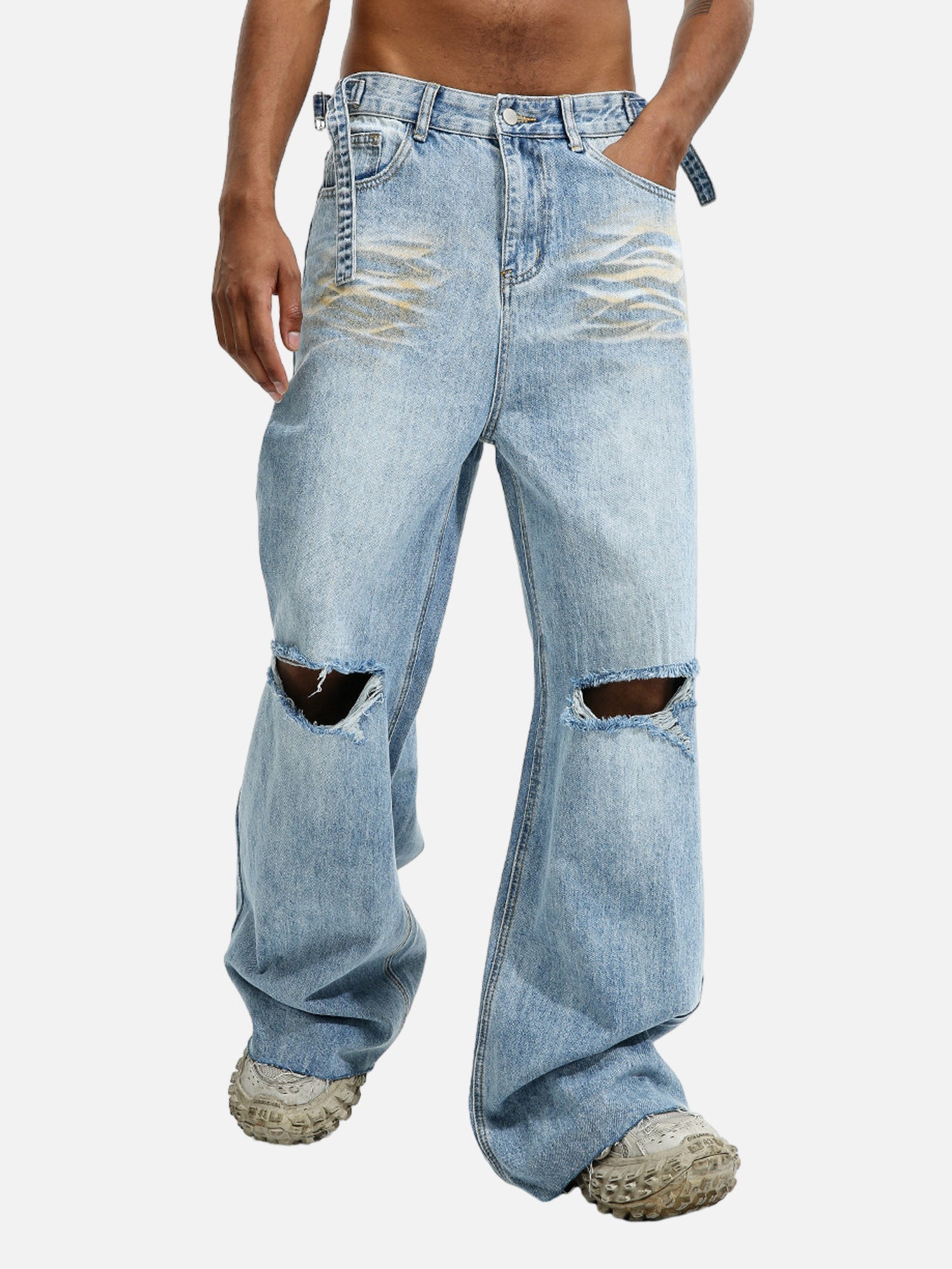 Trendy Wide-leg Knee-high Ripped Jeans - 1947