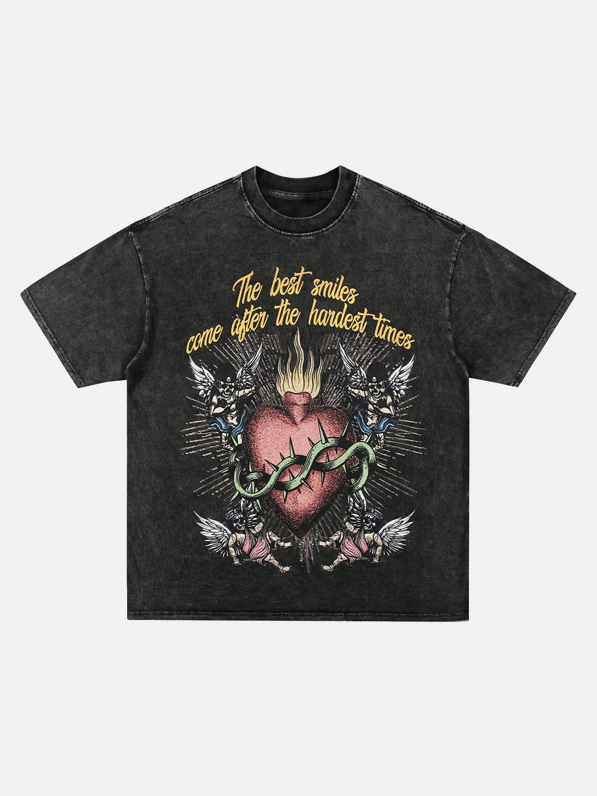 T-shirt rétro délavé et vieilli avec tête de mort d'ange vintage 