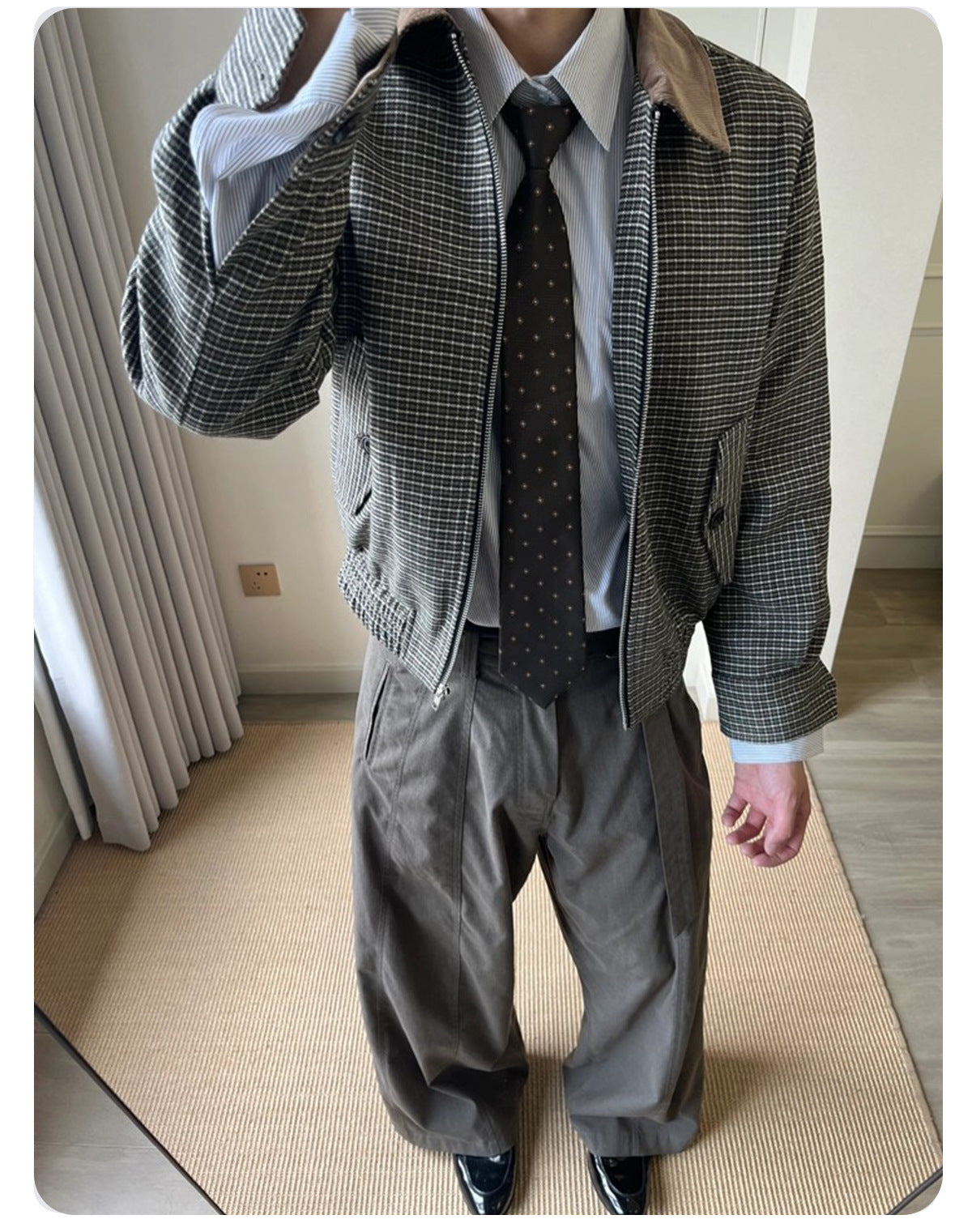 Plaid Polo Stitching Winter Coat
