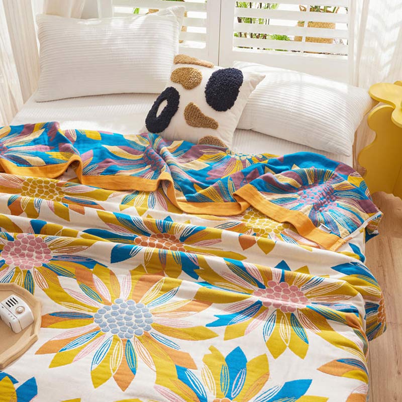 Yellow Flower Print Cotton Reversible Quilt