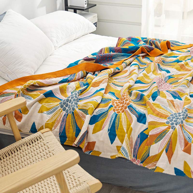 Yellow Flower Print Cotton Reversible Quilt