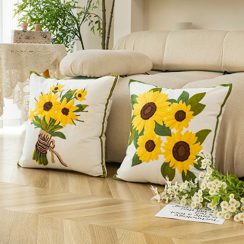 Aesthetic Sunflowers Embroidered Cushion Cover