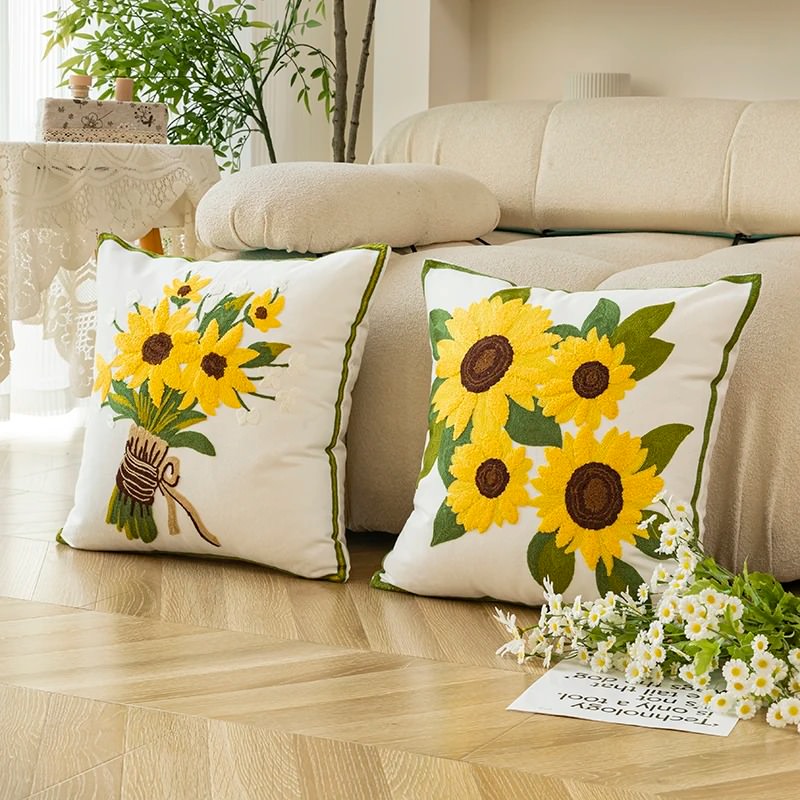 Ästhetischer Kissenbezug mit Sonnenblumenstickerei – Oitoy