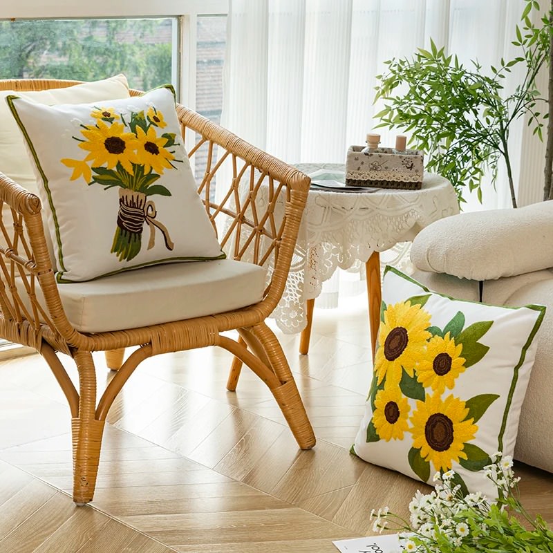 Aesthetic Sunflowers Embroidered Cushion Cover