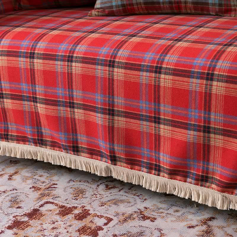 Classic Red Plaid Tassel Sofa Protector