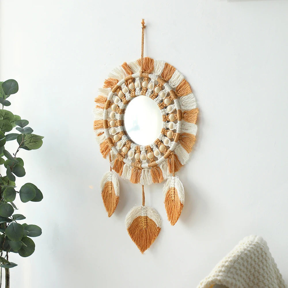 Brown & Beige Macrame Fringe Wall Mirror