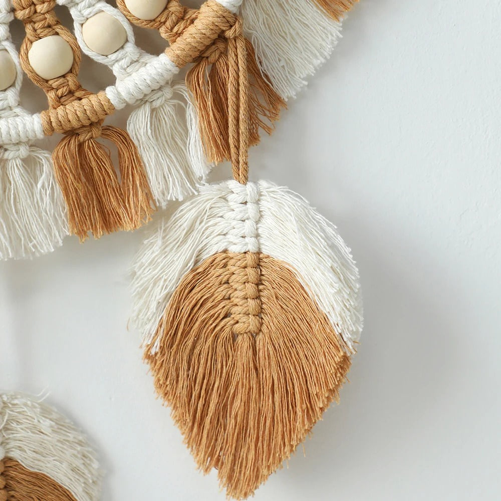 Brown & Beige Macrame Fringe Wall Mirror