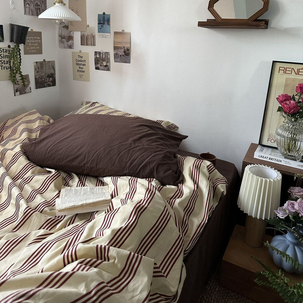 Beige & Brown Vintage Striped Bedding Set