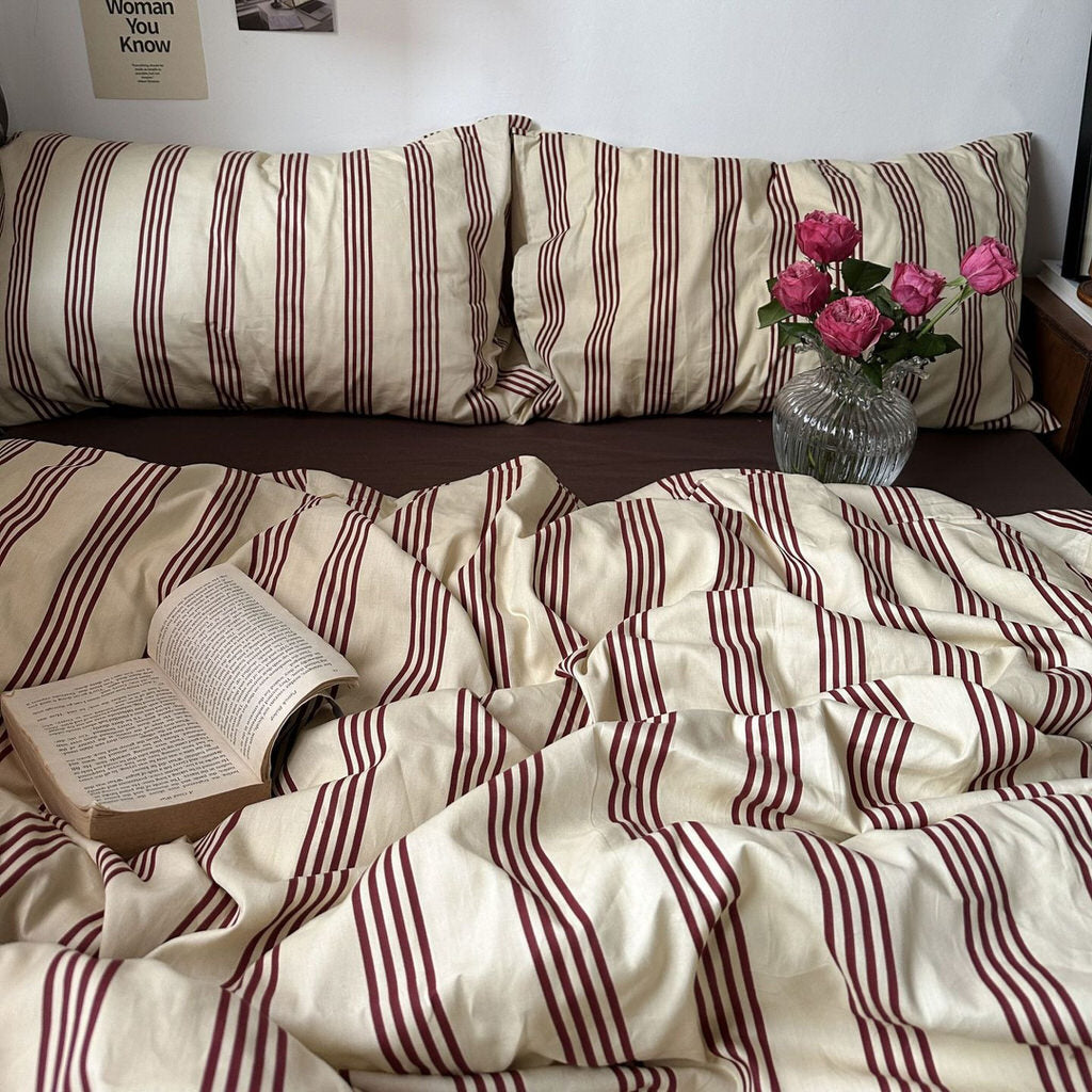 Beige & Brown Vintage Striped Bedding Set