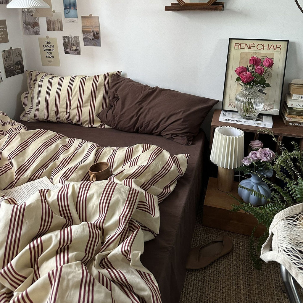 Beige & Brown Vintage Striped Bedding Set