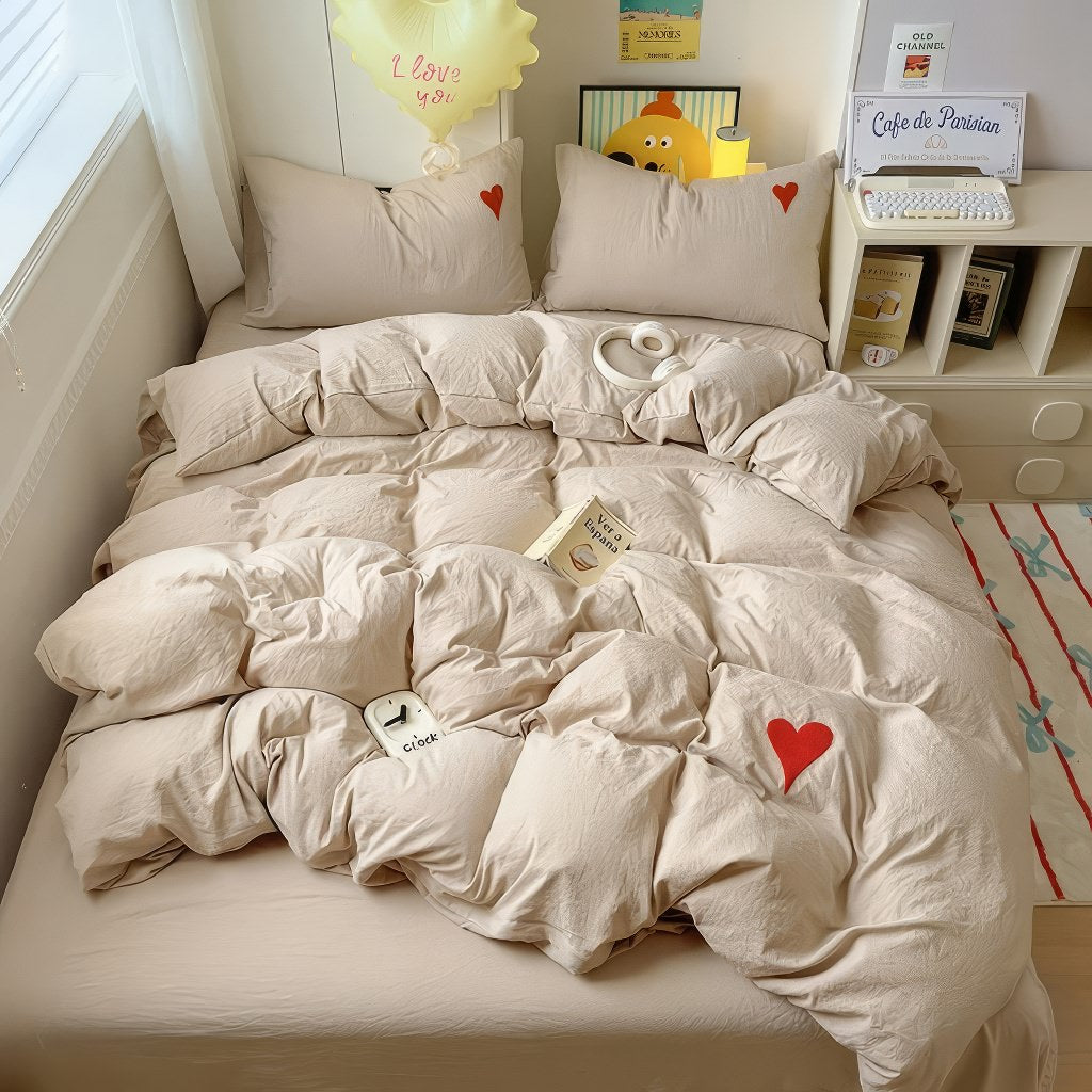 Beige Washed Cotton Bedding Set With Red Embroidered Heart