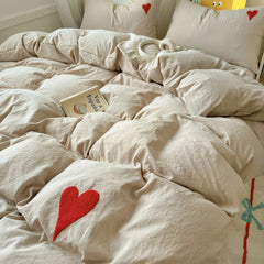 Beige Washed Cotton Bedding Set With Red Embroidered Heart