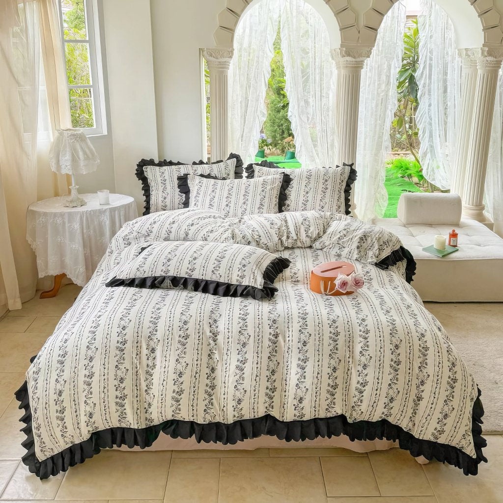 Black Ruffles Floral Print Coquette Bedding Set