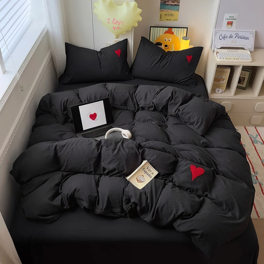 Black Washed Cotton Bedding Set With Red Embroidered Heart