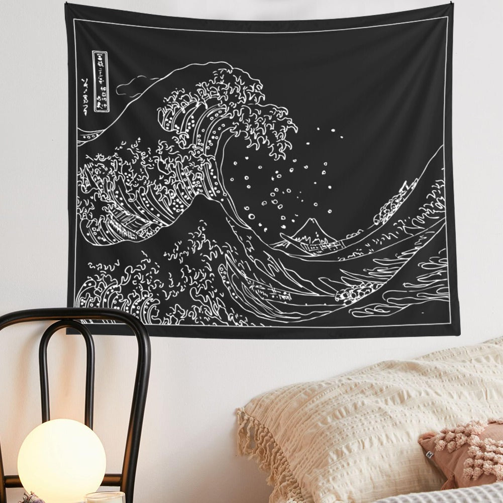 Black & White Kanagawa Wave Tapestry