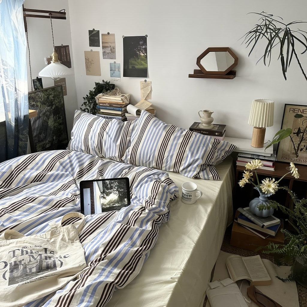 Blue & Brown Vintage Striped Bedding Set