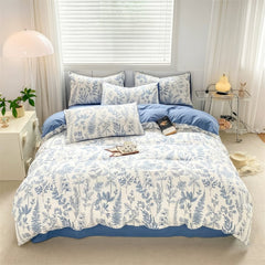 Monochrome Blue Wildflowers Print Bedding Set