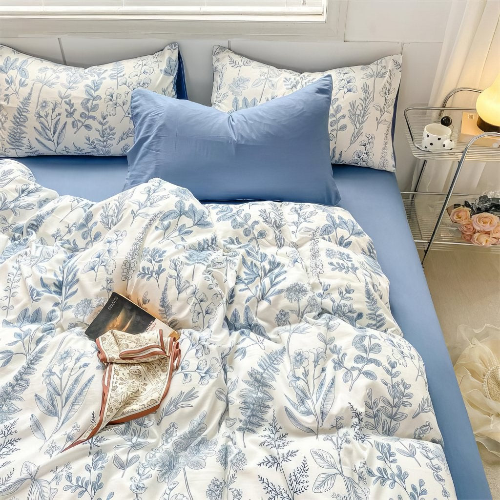 Monochrome Blue Wildflowers Print Bedding Set