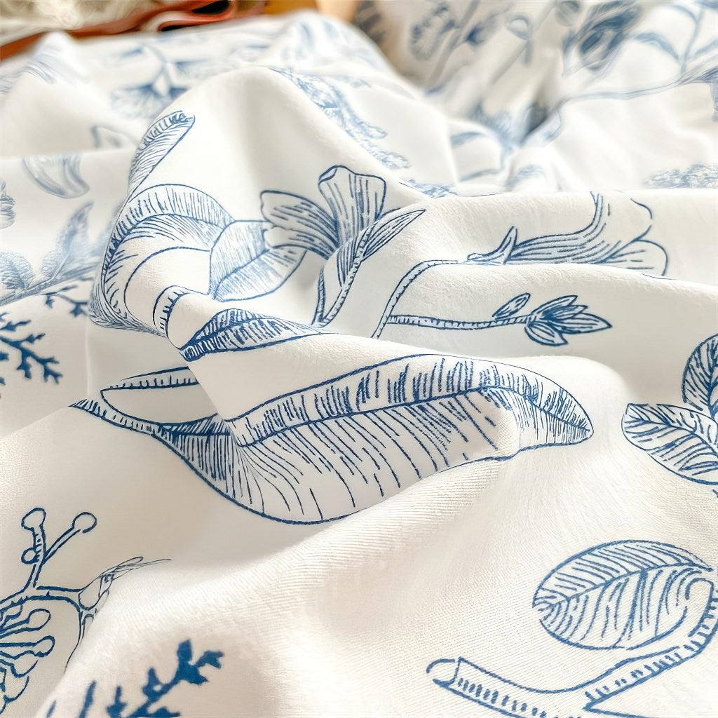 Monochrome Blue Wildflowers Print Bedding Set