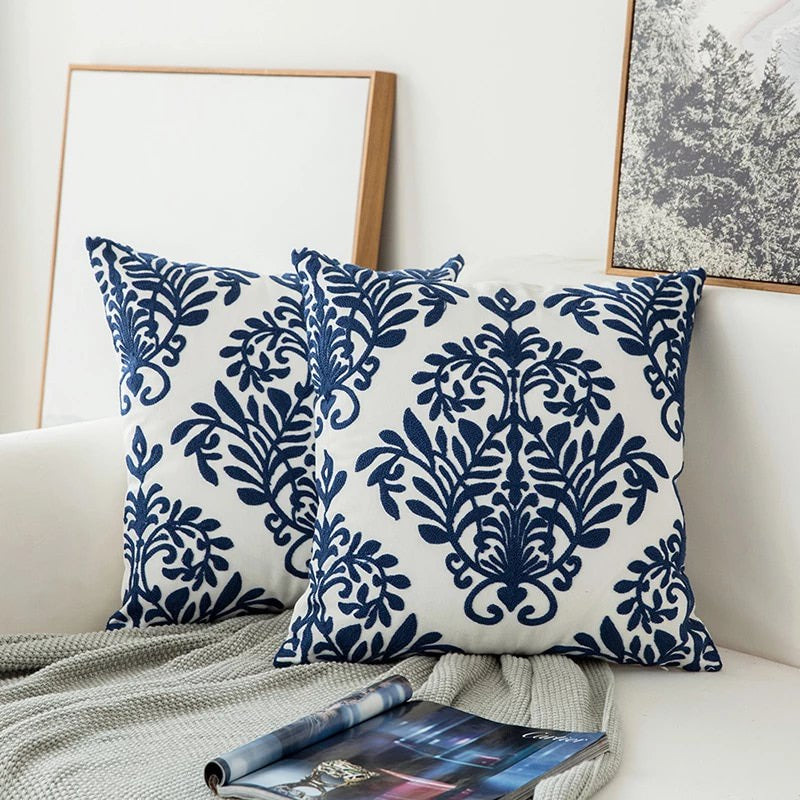 Blue Embroidered Ornaments Cushion Cover