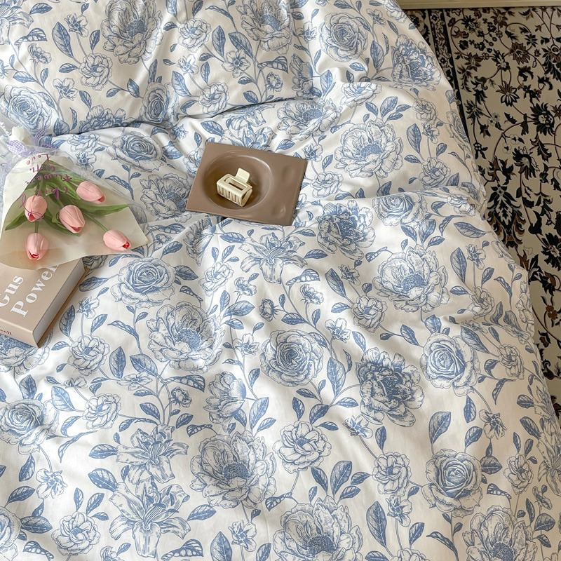 Blue Flowers Pattern Print Bedding Set