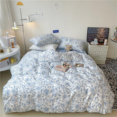 Blue Flowers Pattern Print Bedding Set