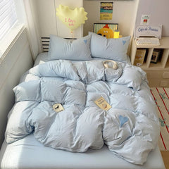 Blue Washed Cotton Bedding Set With Blue Embroidered Heart