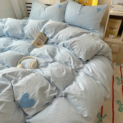 Blue Washed Cotton Bedding Set With Blue Embroidered Heart