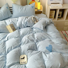 Blue Washed Cotton Bedding Set With Blue Embroidered Heart