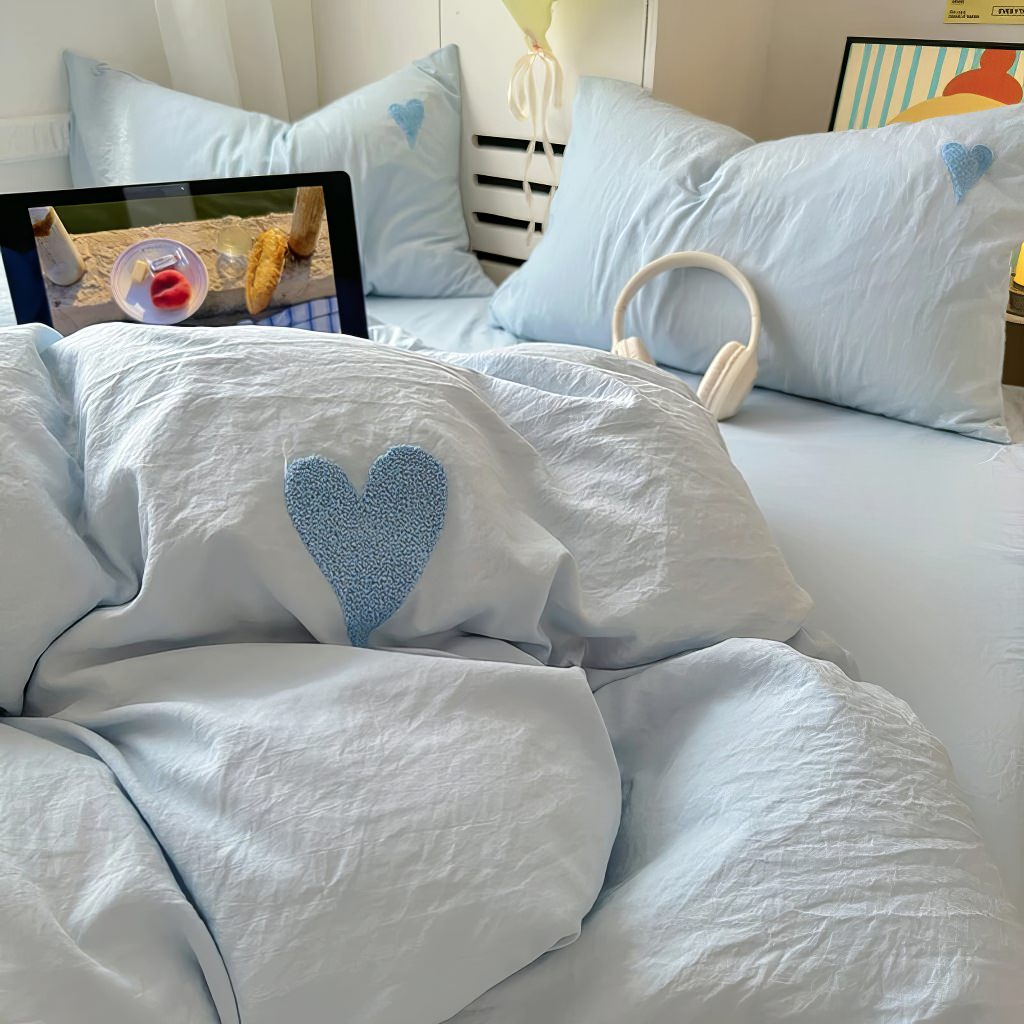 Blue Washed Cotton Bedding Set With Blue Embroidered Heart