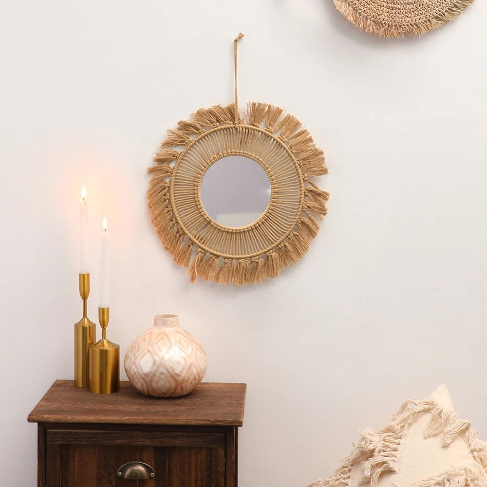 Boho Aesthetic Brown Macrame Mirror