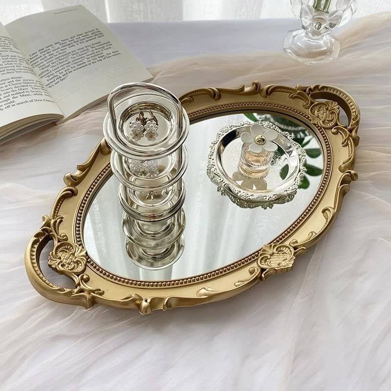 Coquette Aesthetic Vintage Mirrored Oval Tray