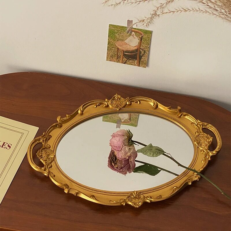 Coquette Aesthetic Vintage Mirrored Oval Tray