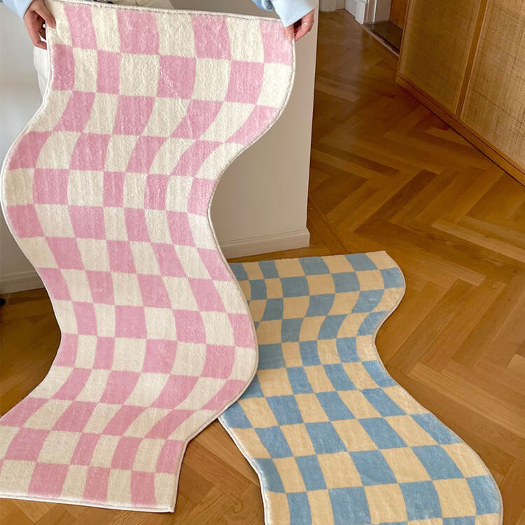 Fluffy Curvy Rug Curvy Edge Pastel Checker Rug – Oitoy