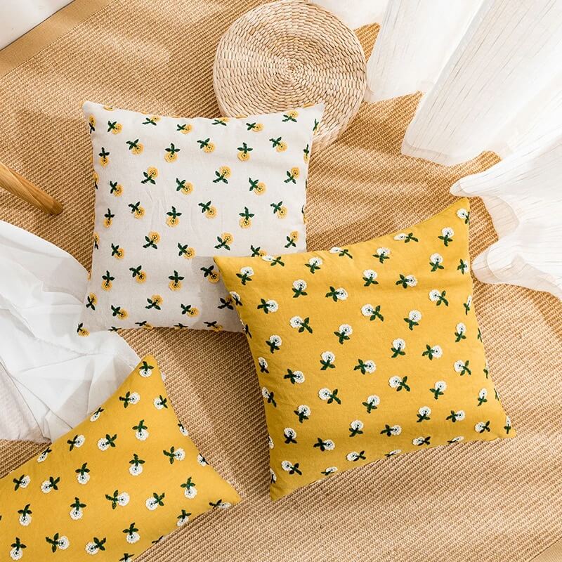 Cute Embroidered Flowers Cushion Cover