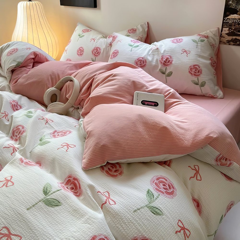 Cute Pink Roses and Bows Bedding Set