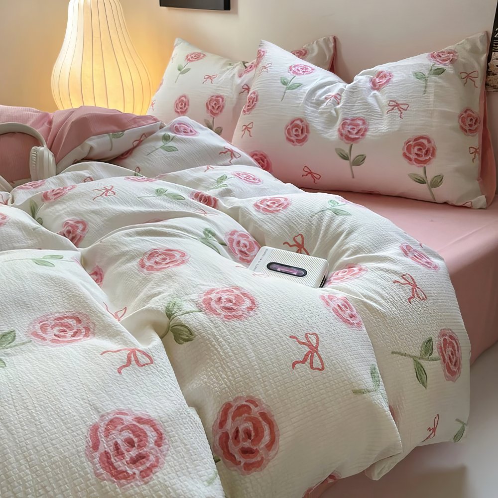 Cute Pink Roses and Bows Bedding Set