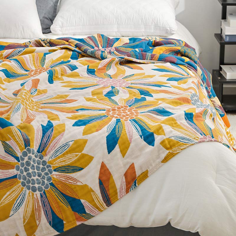Yellow Flower Print Cotton Reversible Quilt