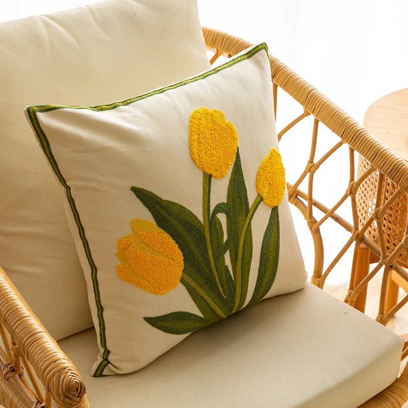 Embroidered Colorful Tulips Cushion Cover