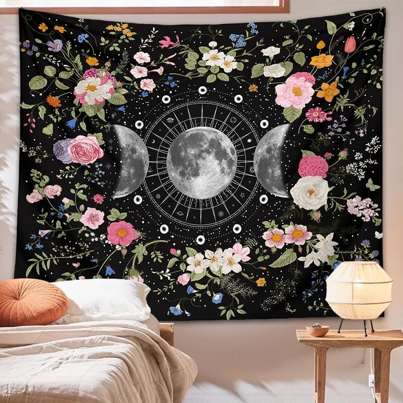 Floral Triple Moon Phases Tapestry