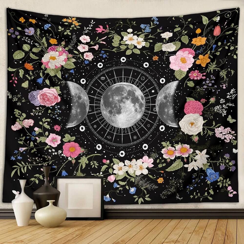 Floral Triple Moon Phases Tapestry