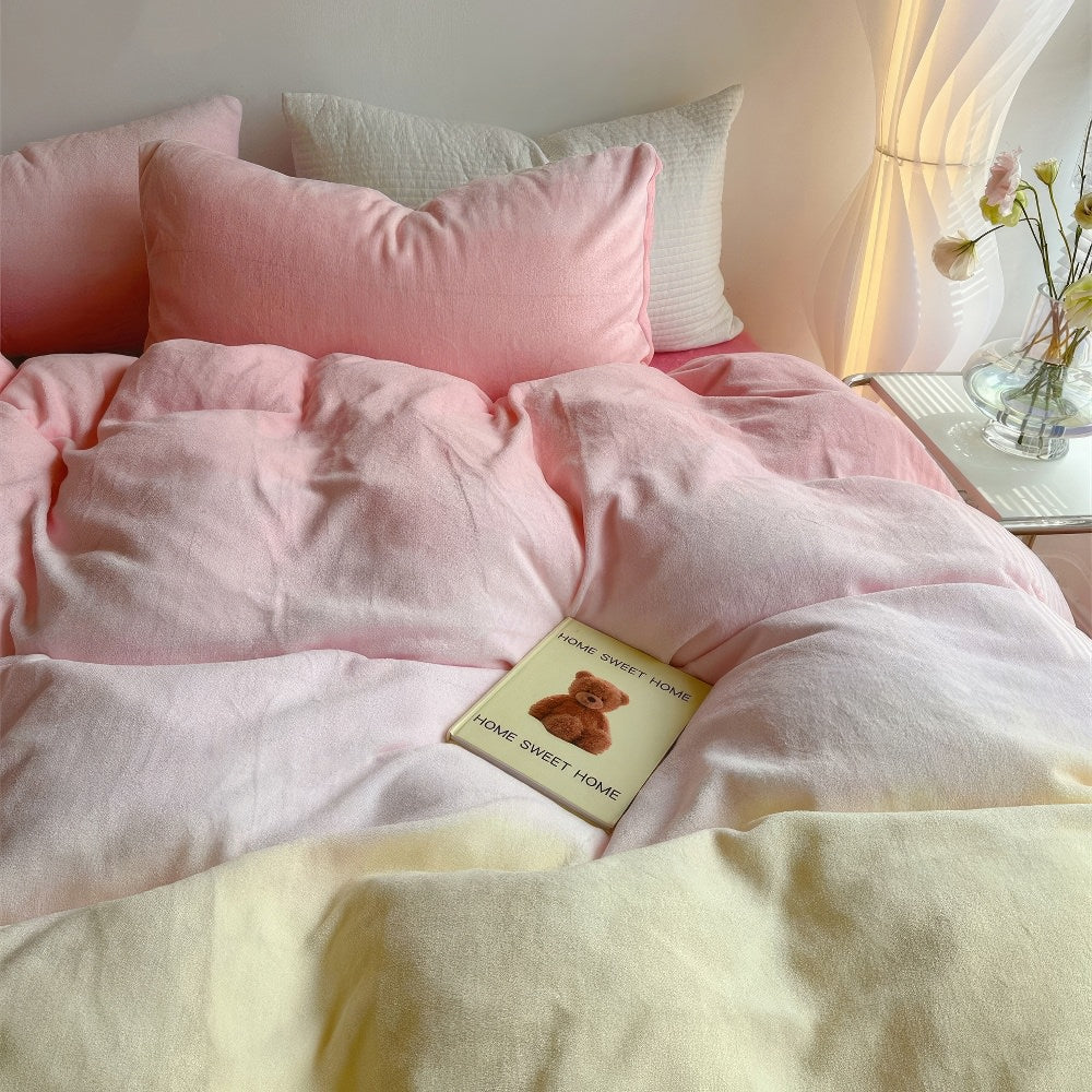 Pastel Pink to Yellow Gradient Fleece Bedding Set