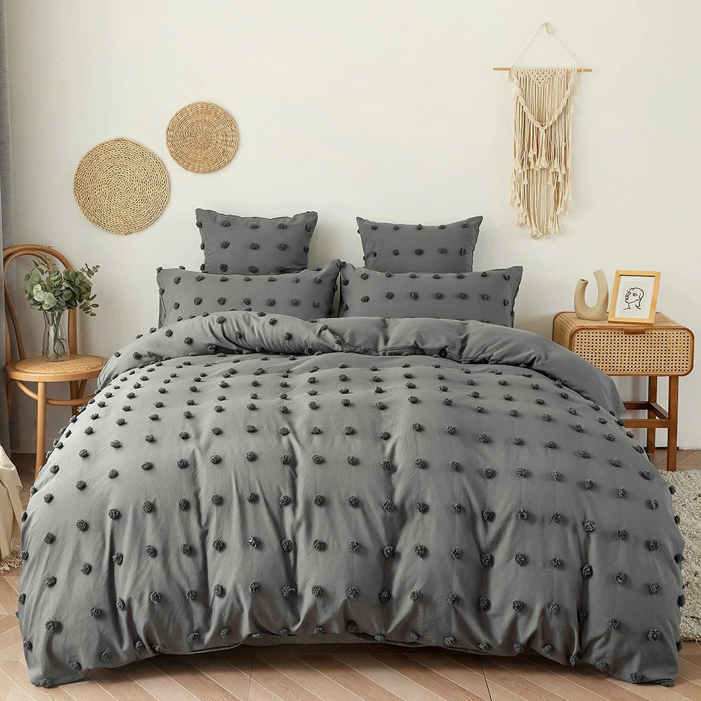 Grey Pom Pom Bedding Set