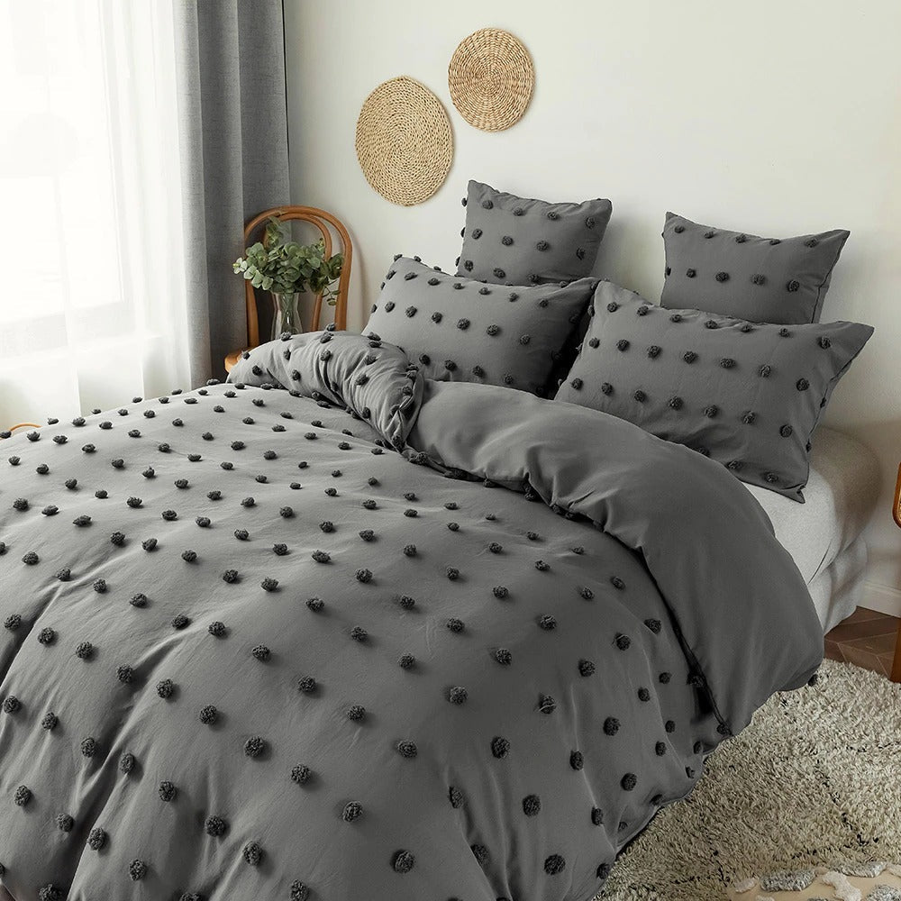 Grey Pom Pom Bedding Set