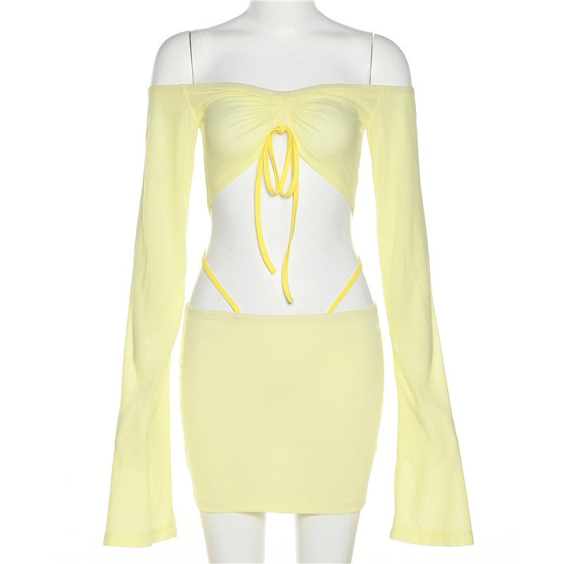 One-Shoulder Long-Sleeved Half-Length Dress Set
