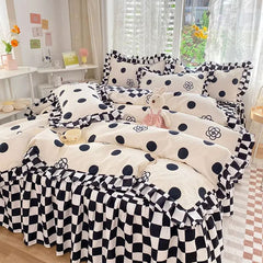 Polka Dot Kawaii Checkered Ruffle Bedding Set