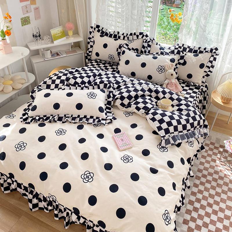 Polka Dot Kawaii Checkered Ruffle Bedding Set