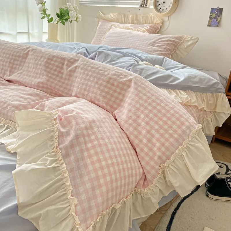 Kawaii Pastel Plaid Ruffle Bedding Set