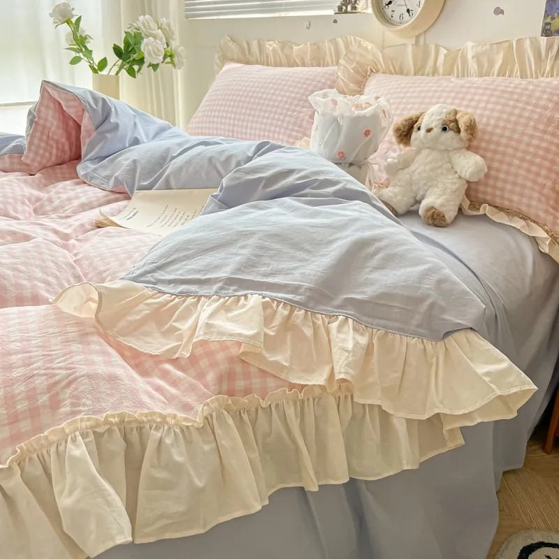 Kawaii Pastel Plaid Ruffle Bedding Set