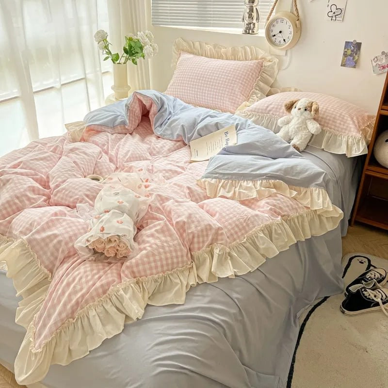 Kawaii Pastel Plaid Ruffle Bedding Set